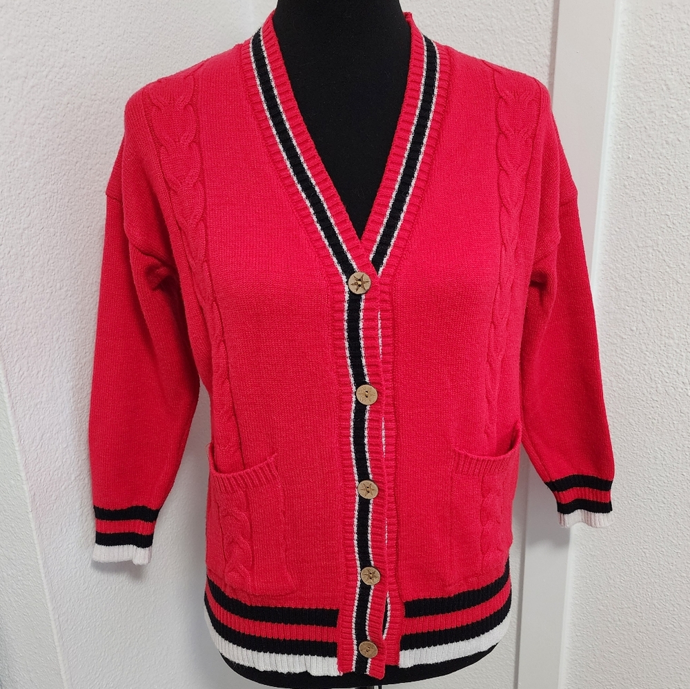 Red Varsity 3/4 Sleeve Cable Knit Cardigan Sweater with Cork Buttons